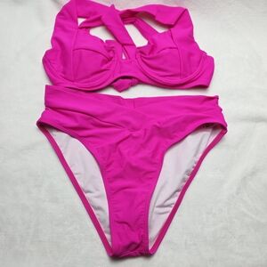 Jolefille Vibrant Pink Underwire Bra High Waist Bottom Swimwear Set